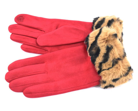 Elegantní zateplené dámské rukavice ozdobené kožešinou - červená